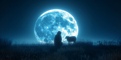 Wall Mural - Silhouette of man shepherd with his sheep against moon at blue night. Eid Al-Adha greeting scene