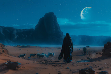 Wall Mural - A man shepherd with his sheep against moon at blue night. Eid Al-Adha greeting scene