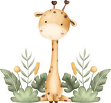 Fototapeta Pokój dzieciecy - Watercolor Illustration Giraffe and Tropical Leaves