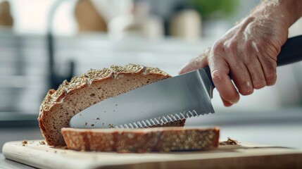 Fototapete - An individual gracefully slices through a freshly baked loaf of bread using a sharp knife.