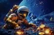 Person wearing a golden spacesuit and mining gold on the moon using blockchain technology, A humorous take on the future of gold exploration and ownership