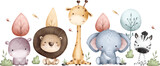 Fototapeta Pokój dzieciecy - Watercolor Illustration Safari Animals and Trees Banner