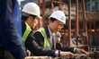 An Asian construction company executive visits a construction site and discusses with construction company managers.