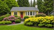 Small Yellow house exterior with blooming rhododendron in grass filled front garden. Northwest,USA