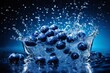 Fresh blueberries being splashed across the water on a dark blue background.