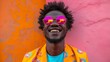 © Suryani - Smiling young man in vibrant streetwear with reflective pink sunglasses, urban style and positive vibes, Concept of youthful joy and colorful fashion in an urban environment