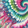 spiraling pattern of soft shapes in deep pink, turquoise, blue, green, white