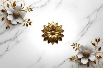 Wall Mural - Home panel wall art three pieces, marble background with golden flowers silhouette in middle