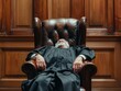 judge sleeps in a large high-backed leather chair in the courtroom. industrial fatigue concept. World Sleep Day 