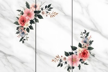 Wall Mural - Home panel wall art three pieces, marble background with flowers silhouette in middle