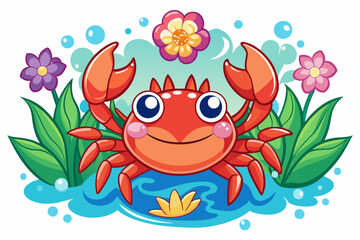 Wall Mural - Crab character cartoon wearing colorful flowers for decoration.