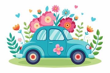 Poster - Charming cartoon car decorated with colorful flowers on a pure white background.