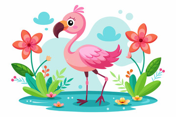 Wall Mural - Charming flamingo cartoon animal adorned with vibrant flowers.