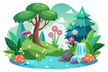 Sticker - Charming forest with flowers on a white background