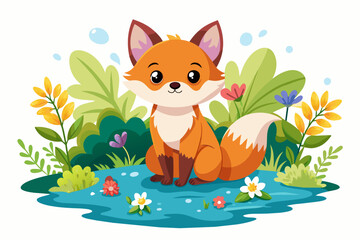 Wall Mural - Charming fox cartoon character surrounded by vibrant flowers against a white background.