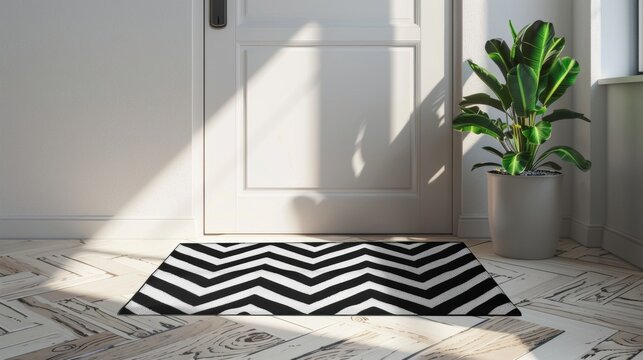 Blank mockup of a modern door mat with a bold geometric chevron pattern. .