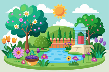 Poster - Charming garden with vibrant flowers blooming against a pristine white background.