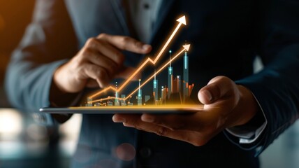 Poster - Glowing financial chart projected from a tablet - A corporate professional analyzing a glowing financial chart emanating from a tablet in their hands