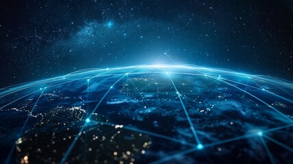 Poster - Global network concept with stars and space - A striking depiction of global connectivity on a backdrop of the cosmos, showcasing digital networks overlaying Earth's night lights
