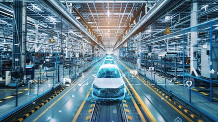 Poster - futuristic car manufacturing plant with digital overlays - an advanced automotive factory uses digit