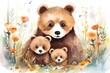 Watercolor illustration of a family of panda bears and their cubs