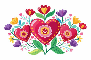 Wall Mural - Charming hearts adorned with vibrant flowers bloom against a pristine white canvas.