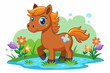 A charming cartoon horse adorned with vibrant flowers prances amidst a lush meadow.