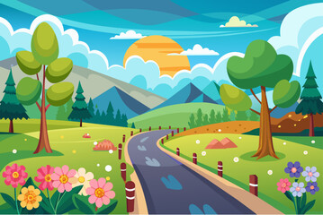 Sticker - Charming cartoon landscapes with colorful flowers in the background.