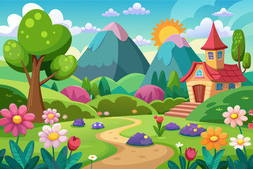 Wall Mural - Charming cartoon landscapes with flowers bloom in the background.