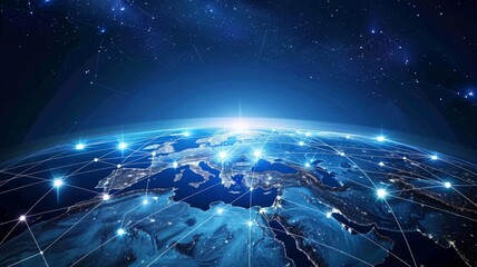 Poster - Starry global network over Europe and Africa - Stars and connected lines hover above a night-time view of Europe and Africa, symbolizing global communication networks
