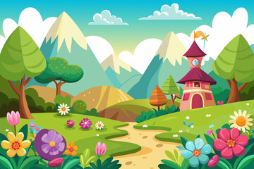 Canvas Print - Charming cartoon landscapes with colorful flowers bloom in a vibrant background.