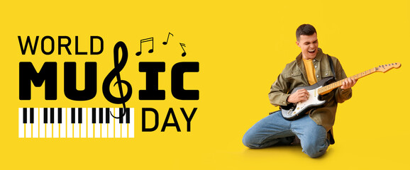 Poster - Cool young man playing electric guitar on yellow background