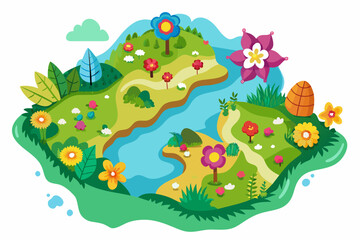 Wall Mural - A charming map cartoon adorned with colorful flowers blooms on a pure white background.