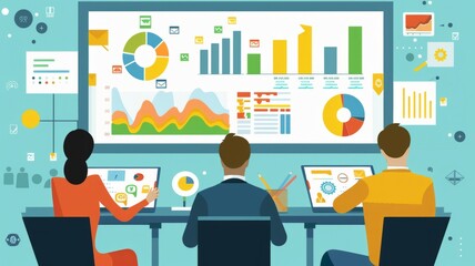 Poster - Animated data analysis meeting with diverse team - Two professionals analyze data on various colorful charts and graphs in a team meeting environment