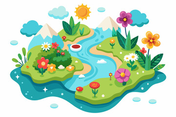 charming map cartoon adorned with vibrant flowers on a crisp white background.