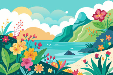 Poster - Charming ocean waves with flowers adorn a pristine white background.