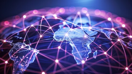 Poster - Illuminated network nodes on global map background - A highly detailed image of a global network with illuminated connections depicting global communication and data exchange
