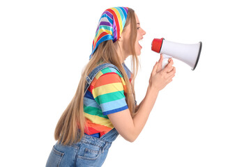 Poster - Young woman in colors of LGBT flag shouting into megaphone on white background