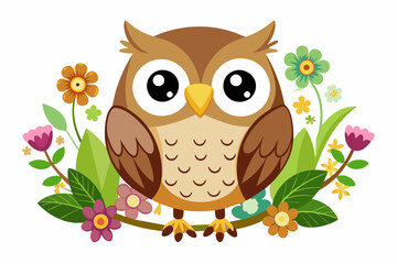 Poster - Charming owl cartoon with flowers on a white background.