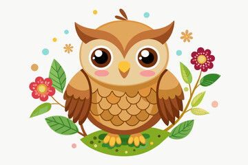 Poster - Owls bird cartoon charming with flowers on a white