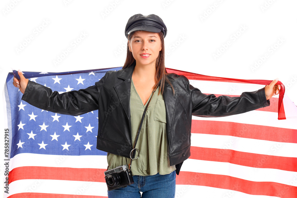 Beautiful young woman with USA flag on white  background