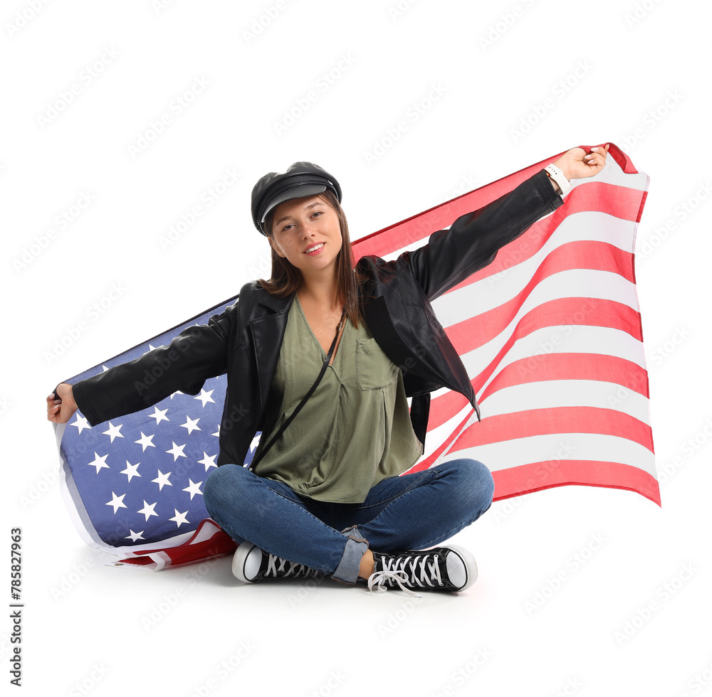 Beautiful young woman with USA flag on white  background