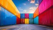 Colorful cargo containers stacked high - Vibrant, colorful cargo containers stacked in a symmetric pattern, giving a sense of organization and commerce
