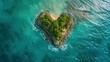 Aerial perspective of a single heartshaped island, high contrast colors, minimalist ocean waves