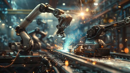 Poster - High-tech robots welding in assembly line - Modern robots with precise movements welding on an assembly line reflecting state-of-the-art automation and engineering