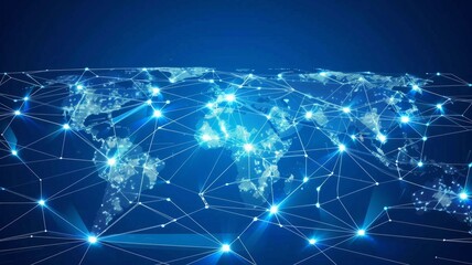 Poster - Digital network connecting major global regions - This image features a digital network overlay on a world map highlighting the interconnectedness of global regions