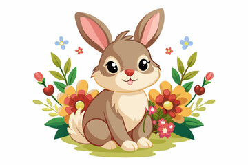 Poster - Charming rabbit cartoon character adorned with beautiful flowers against a white backdrop.