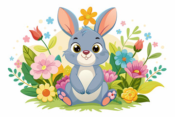 Poster - Charming rabbit cartoon adorned with vibrant flowers on a pristine white background.