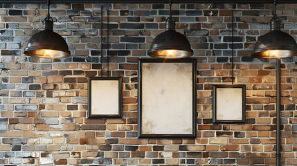 Wall Mural - Front view blank black menu frame on brick wall with lamp in loft cafe interior, mockup 3d rendering