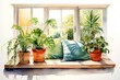 Illustration of a cozy room with a window, plants and a pillow